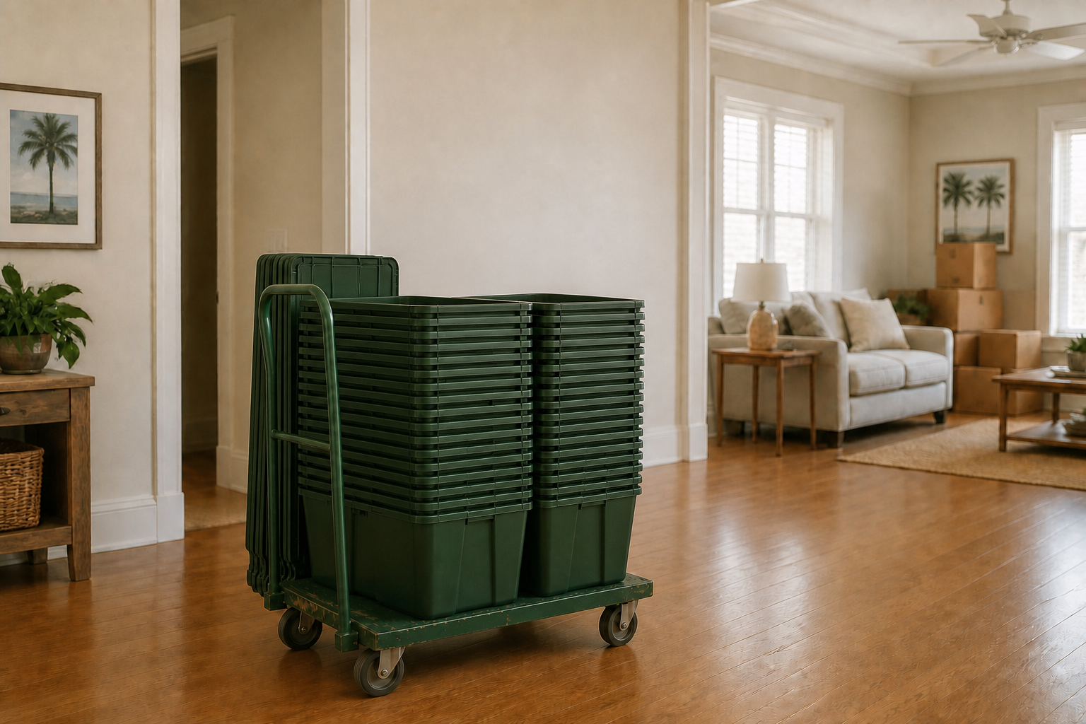 Dozens of green reusable EZ Totes nested compactly on a dolly inside a home